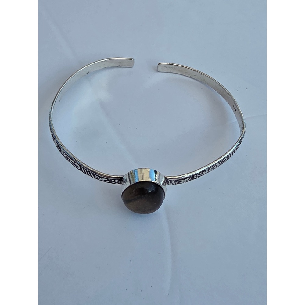 925 Sterling Silver Tigers Eye Cuff Bracelet Vintage Floral Engraved Bangle